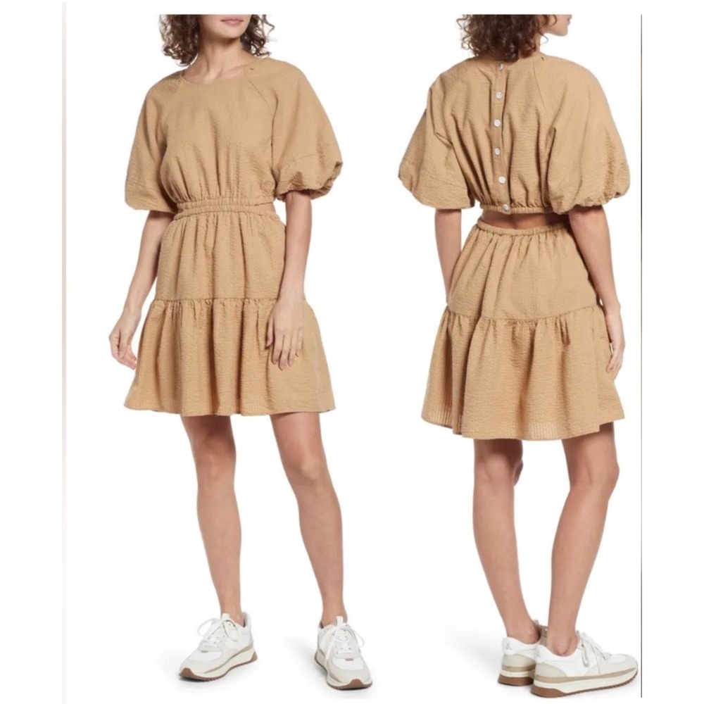 Madewell Dress Women's Size M Tan Brown Short Sleeve Tiered Mini Button‎ Back